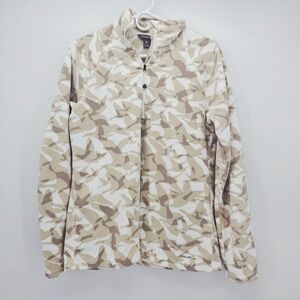 Eddie Bauer Fleece Quarter Zip Pullover Top Beige Bird Print